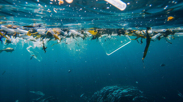 an ocean polluted with plastic bags and microplastics 