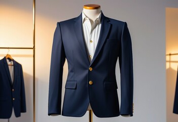 Poster - navy blue colored men's blazer jacket design example, on a lifeless mannequin
