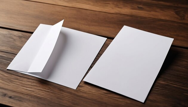 A white open blank paper on a wooden table. The card folded, open, A4 paper manu, greeting card mockup sitting on a wooden table with empty space created with generative ai	