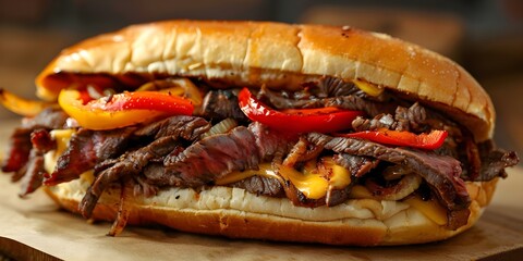 Wall Mural - Philly Cheesesteak Sliced Steak, Melted Provolone, Onions, Peppers on Hoagie Roll. Concept Sandwich, Philly Cheesesteak, Sliced Steak, Melted Provolone, Onions, Peppers, Hoagie Roll