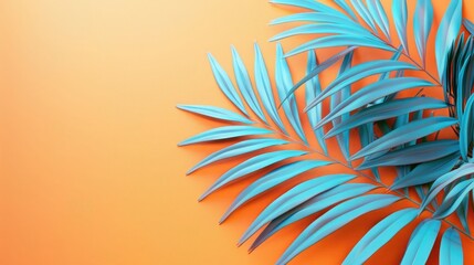 Wall Mural - Vibrant blue palm leaf on orange background with copy space. Vertical summer concept composition. 3D Rendering, 3D Illustration