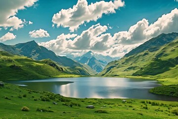 Wall Mural - Video animation of breathtaking view of a pristine lake surrounded by lush forests and majestic mountains showcasing nature’s untouched beauty and serenity