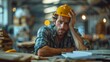 © familymedia - Portrait of an exhausted construction worker at a workbench, signifying the demands of the job and weariness