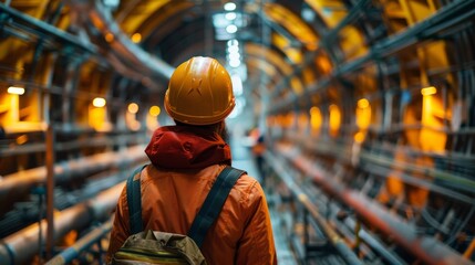 A worker wearing a yellow hard hat stands observant in an industrial tunnel filled with pipes and metallic structures