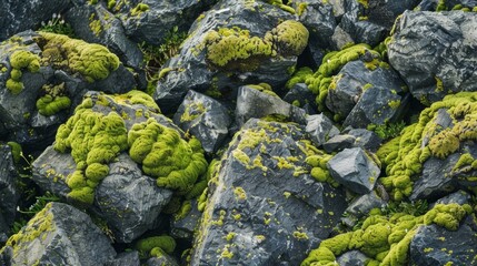 Wall Mural - sharpedged boulders dotted with patches of vibrant green moss create a striking contrast.