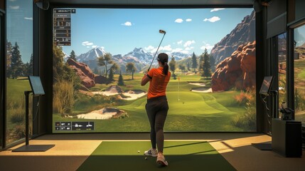 Golfer playing golf in indoor simulator Mixed media. golf simulator