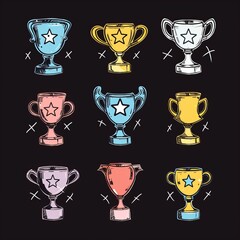trophy cups, golden goblet, silver reward, champion bowls. contest winner award collection, prize cu