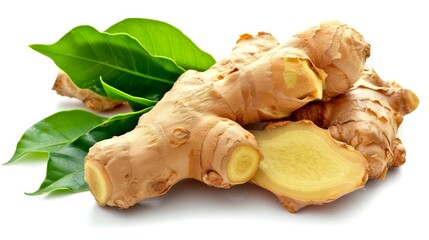 Wall Mural - Fresh ginger root with green leaves on a white background. This vibrant image showcases the natural texture and color of ginger, ideal for culinary and health-themed projects.