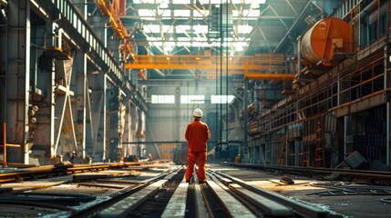 Canvas Print - A person in an orange suit standing on a train track