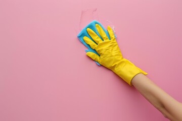 Canvas Print - A person wearing yellow gloves cleans a pink surface, often used for industrial or commercial purposes