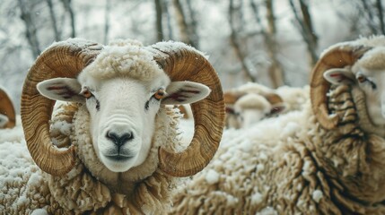 Wall Mural - A group of sheep standing together in a snowy landscape, perfect for winter or farm-themed images