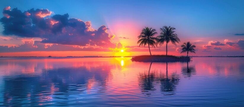 Sunset Over Tropical Island with Palm Trees