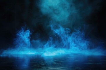 a blue fog filled sky above a calm sea or lake, ideal for use in images about weather, nature, and s
