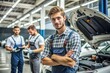 © Роман Заворотный - Young Mechanic Confidently Stands Beside Car in Service Center. Generative AI