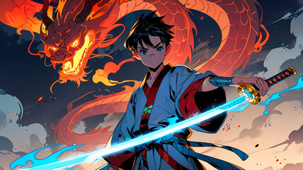 illustration of a boy in a robe holding a dragon sword