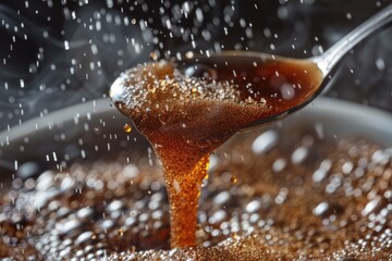 Poster - A close-up shot of a spoon pouring a liquid substance from one container to another, highlighting the flow and texture of the liquid