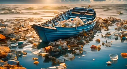 Sticker - Plastic waste floating in the ocean with a blurred fishing boat and blue sky in the background 4k