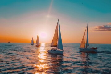 Sticker - Group of sailboats sailing on the ocean during sunset