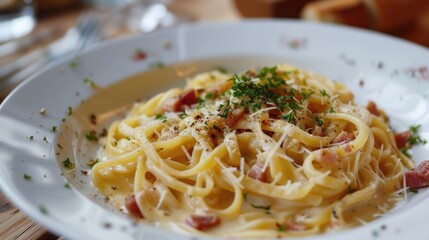 Wall Mural - A delicious plate of pasta with crispy bacon and melted Parmesan cheese