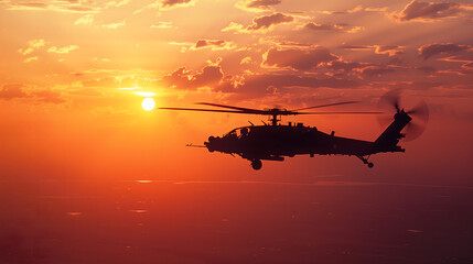 Wall Mural - Helicoptero de combate volando al atardecer sobre las nubes