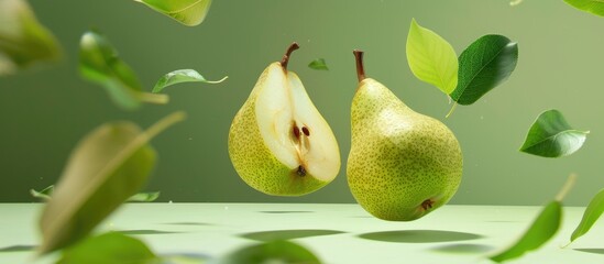 Wall Mural - Green Pear with Leaves Floating in the Air on Green Background - Zero Gravity Food Levitation Concept - High-Resolution Image