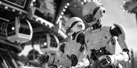 Poster - A monochrome photograph of two robots standing together