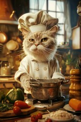 Wall Mural - A domestic cat wearing a miniature chef's hat is engaged in culinary activities