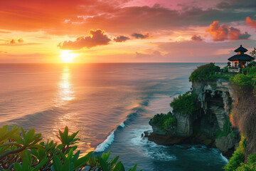 Wall Mural - Sunset view from cliffside Bali temple