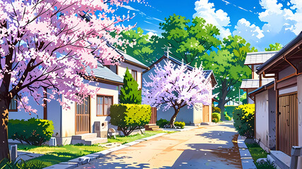 2D illustration of village landscape with cherry blossoms