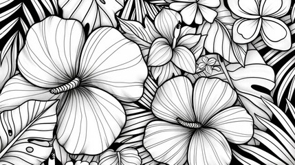 Poster - A simple illustration of flowers and leaves in black and white