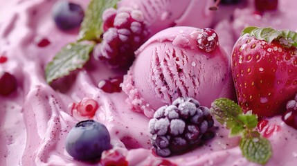 Wall Mural - A close-up shot of a sweet treat featuring mixed berries and a scoop of creamy ice cream