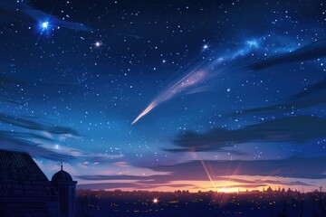 Wall Mural - a shooting comet in the distance against a dark and starry night sky, ideal for astronomy or space-t