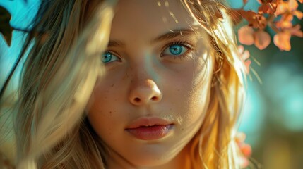 Sticker - Close up Portrait of a Beautiful Young European Girl with Blue Eyes and Blonde Hair Captured in a Summer Setting