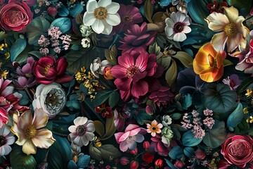 Wall Mural - A colorful floral print with a variety of flowers and leaves