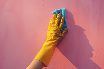 Sticker - Person in yellow rubber gloves cleaning a pink wall, great for DIY or home renovation photos