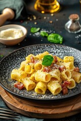 Poster - A delicious pasta dish served on a black plate, topped with meat