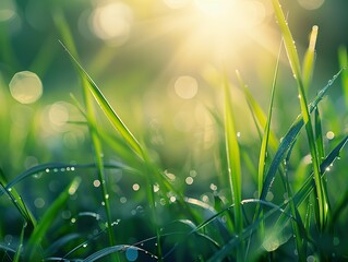 Wall Mural - A field of grass with a bright sun shining on it