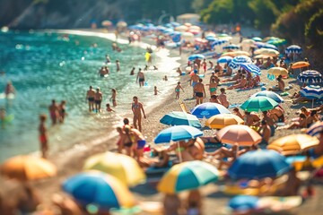 A beach scene with many people and umbrellas