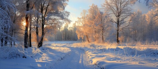 Wall Mural - Sunrise in a Snow-Covered Forest