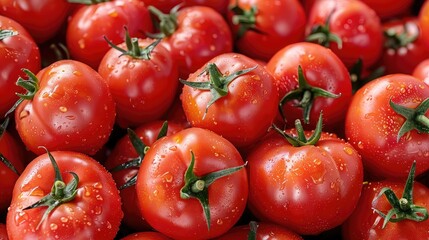 Wall Mural - Juicy tomatoes with green stems, arranged closely together for a fresh background