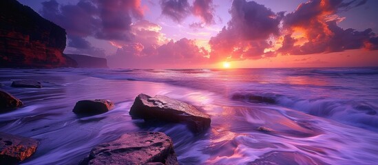 Sticker - Purple Sunset Over Ocean with Rocks