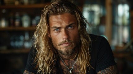 Close-up of a tattooed rugged man with piercing blue eyes and wavy blond hair against a kitchen backdrop