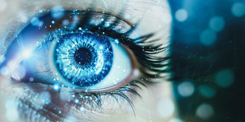 Futuristic blue eye with technology elements