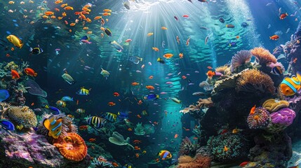 Wall Mural - Colorful underwater scene of tropical sea fishes swimming among coral reef in a marine aquarium, tropical, underwater, fishes, coral reef, aquarium, oceanarium, wildlife, marine, panorama