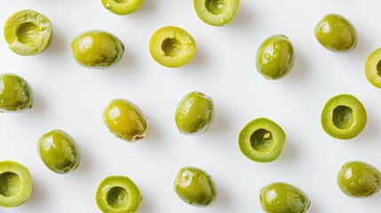 Green olive slices photographed separately on a white backdrop