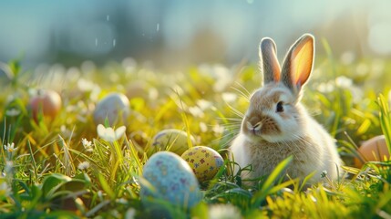 Easter bunny and Easter eggs on green grass field spring meadow