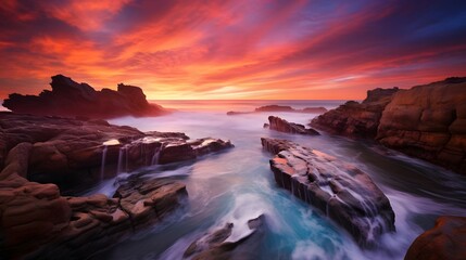 Long exposure panorama of a rocky beach during a colorful sunset.
