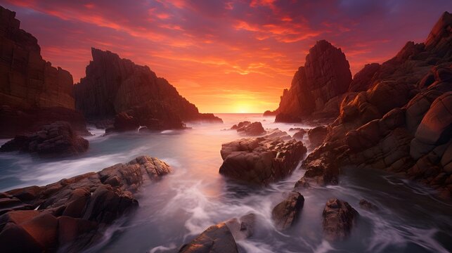 Panoramic view of beautiful sunset over the sea and rocks.