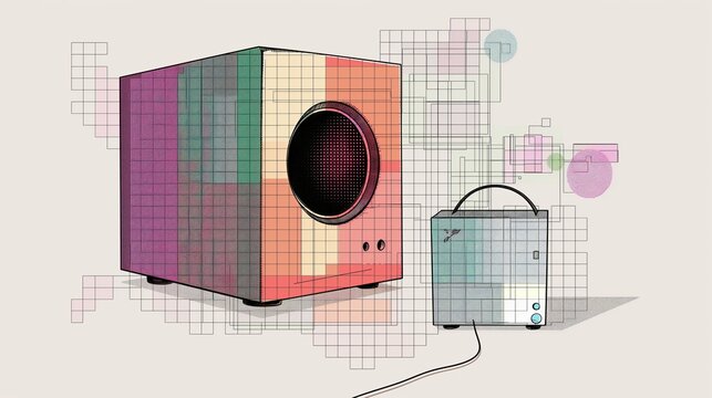 A colorful speaker system with a grid pattern background