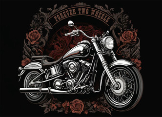 vector t-shirt design with biker motorcycle, rose flower and fire on black background. fashionable p